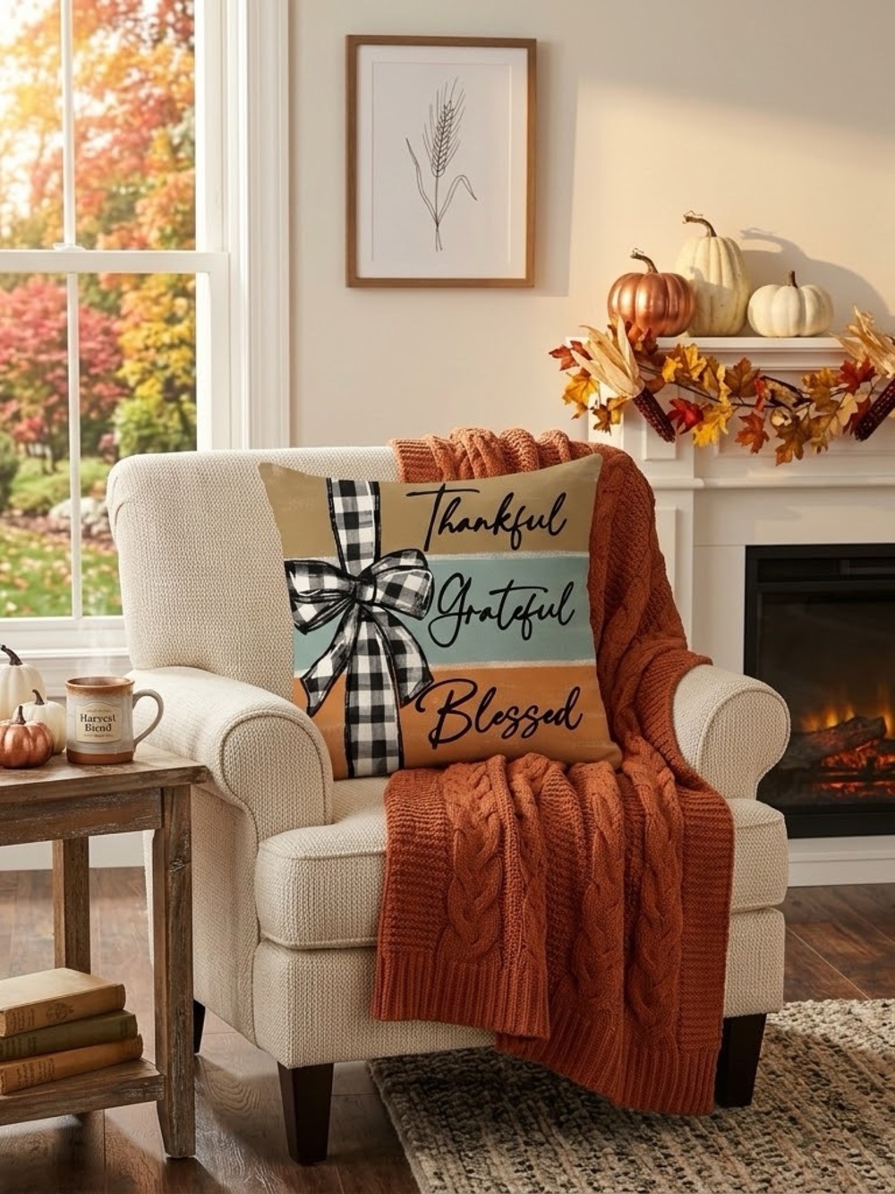 Fall Colorblock Thankful Grateful Blessed Pillow Cover & Pillow Insert 16”x16”